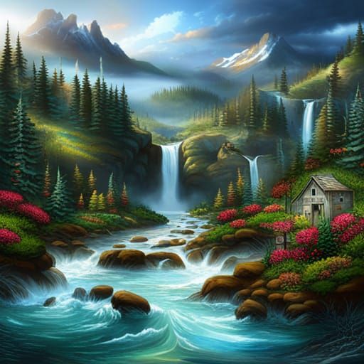 Lush Forest with Dragons and Crystal Waterfalls