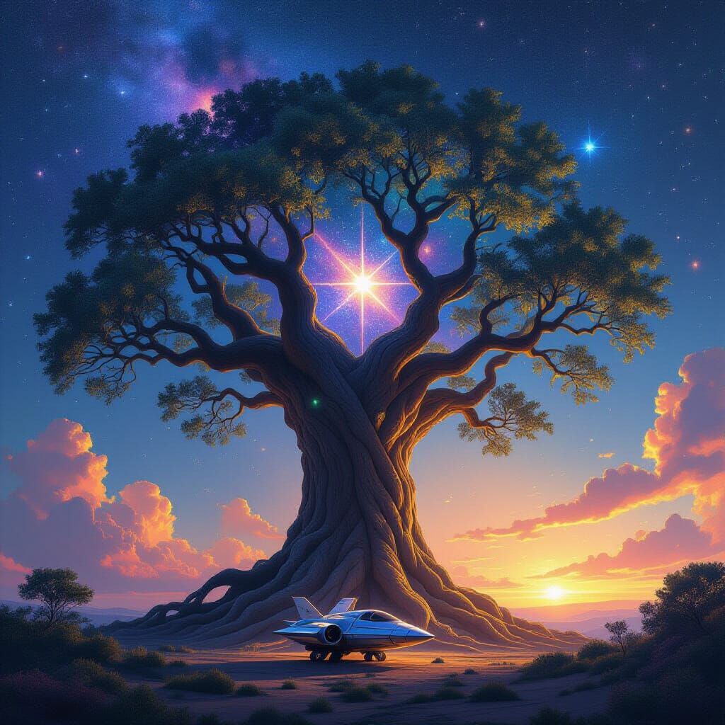 Cosmic Starlight Tree with Celestial Spacecraft