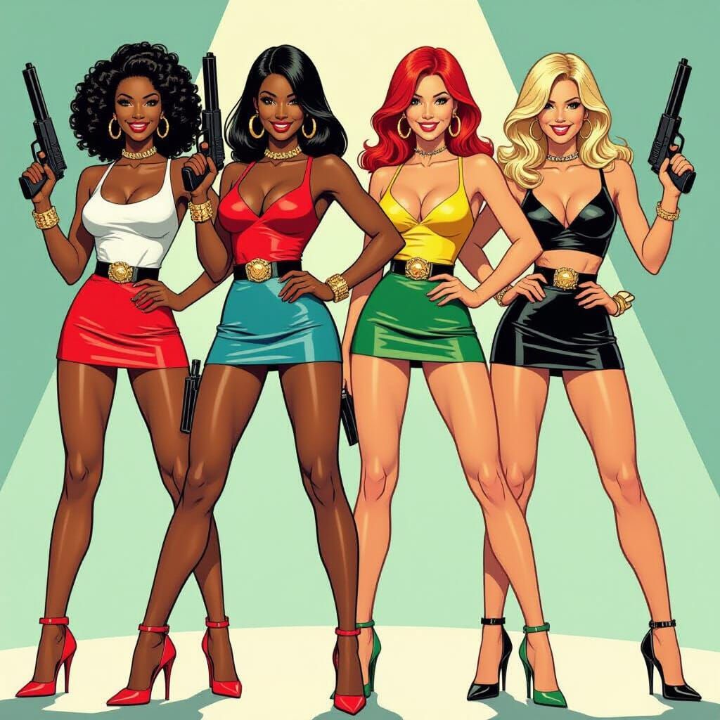Four Confident Women with Handguns in Comic Style