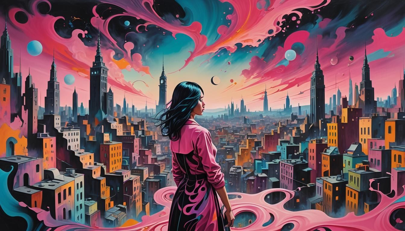 Surreal Cityscape with Girl, Salvador Dali Style