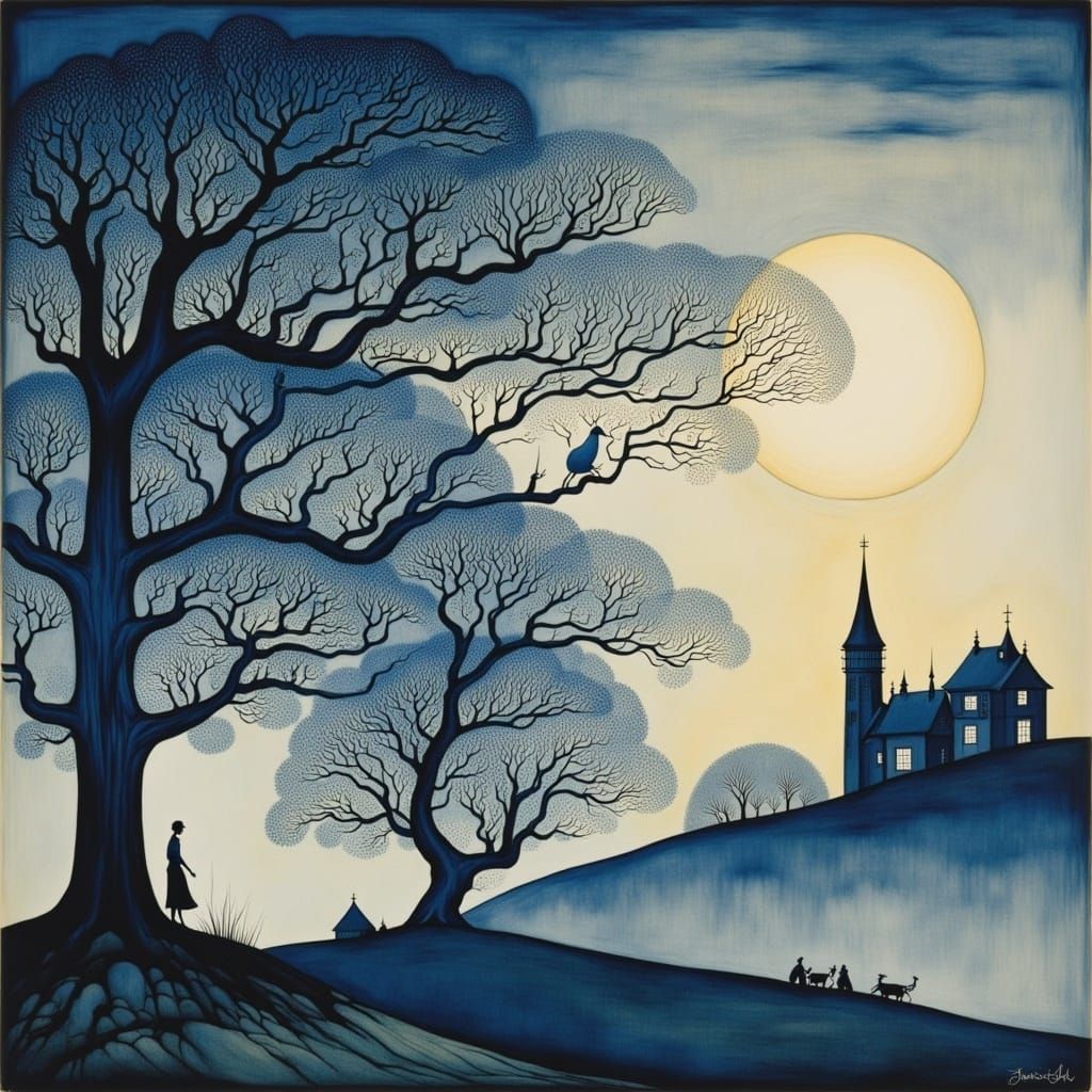 Whimsical Blue Ink Drawing of Shadows Entwined in an Enchant...