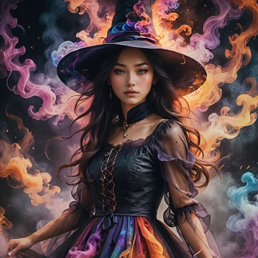 Magical Witch in Smoky Fantasy Landscape