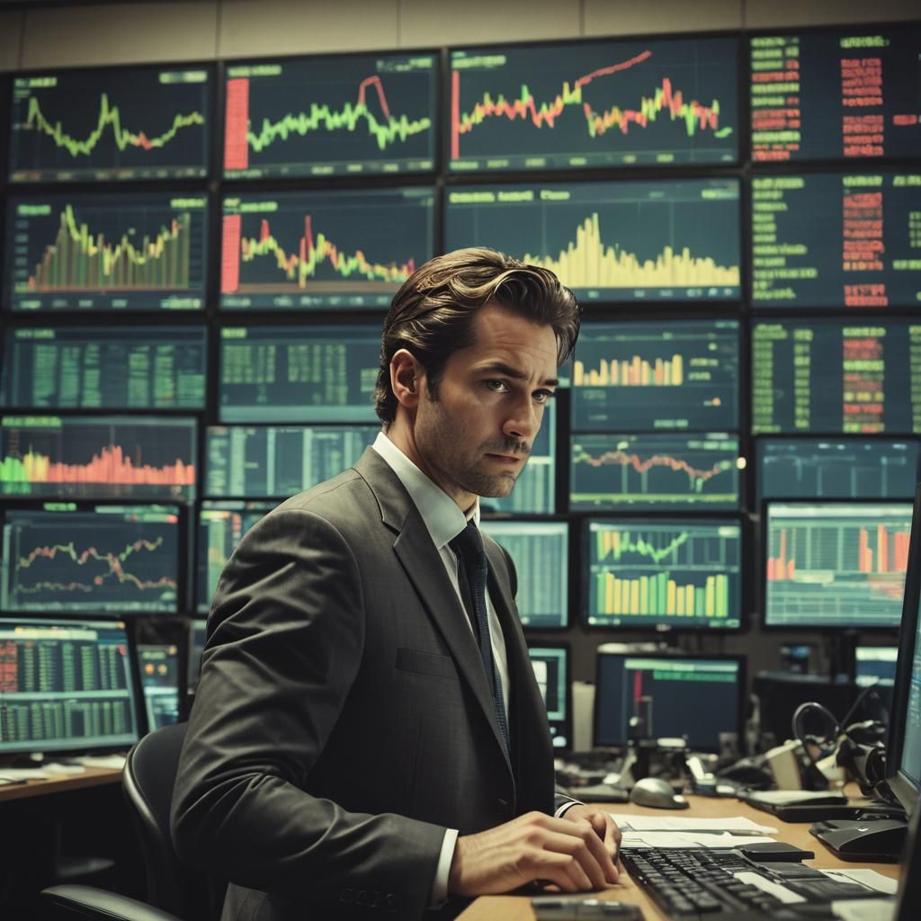 Intense Trader Analyzing Stock Data: Cinematic Film Still