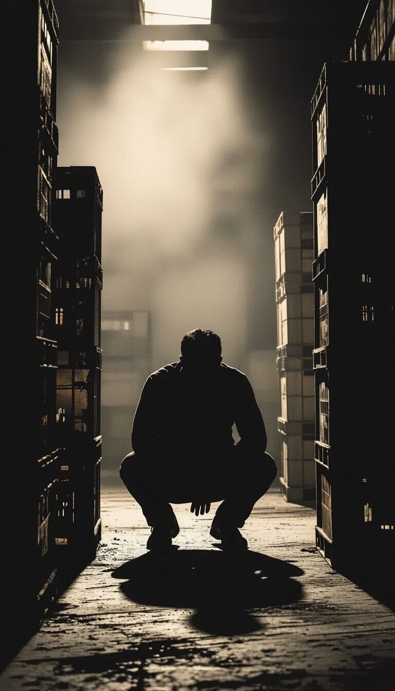 Person Hiding in Dimly Lit Warehouse