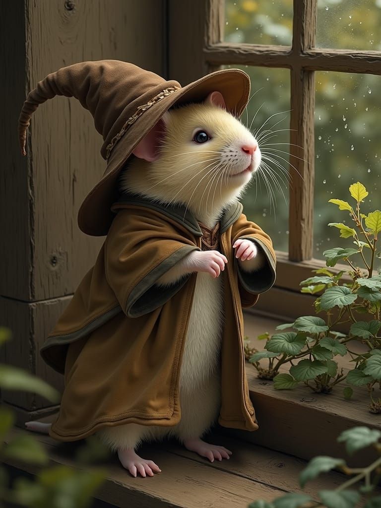 Wizard Hamster Contemplating Rainy Day