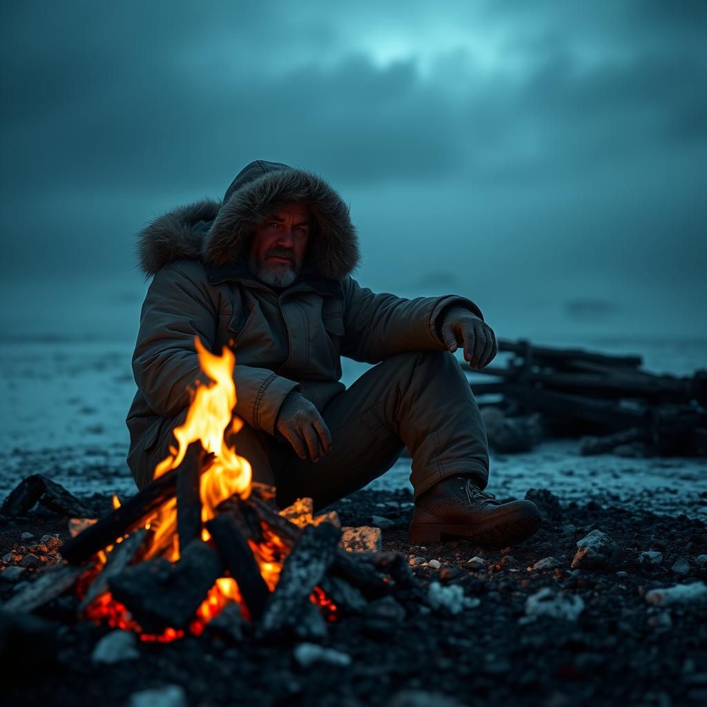 Frozen Figure Beside Campfire in Sci-Fi Horror Style
