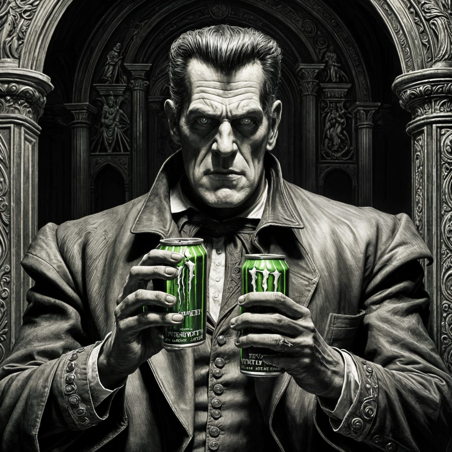 Frankenstein's Monster Drinks Energy: Pencil Sketch