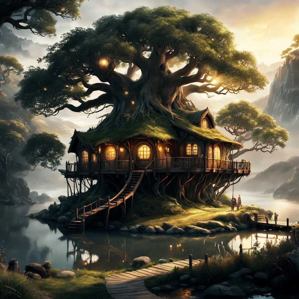 Hobbit Treehouse by Lake: Digital Matte Painting