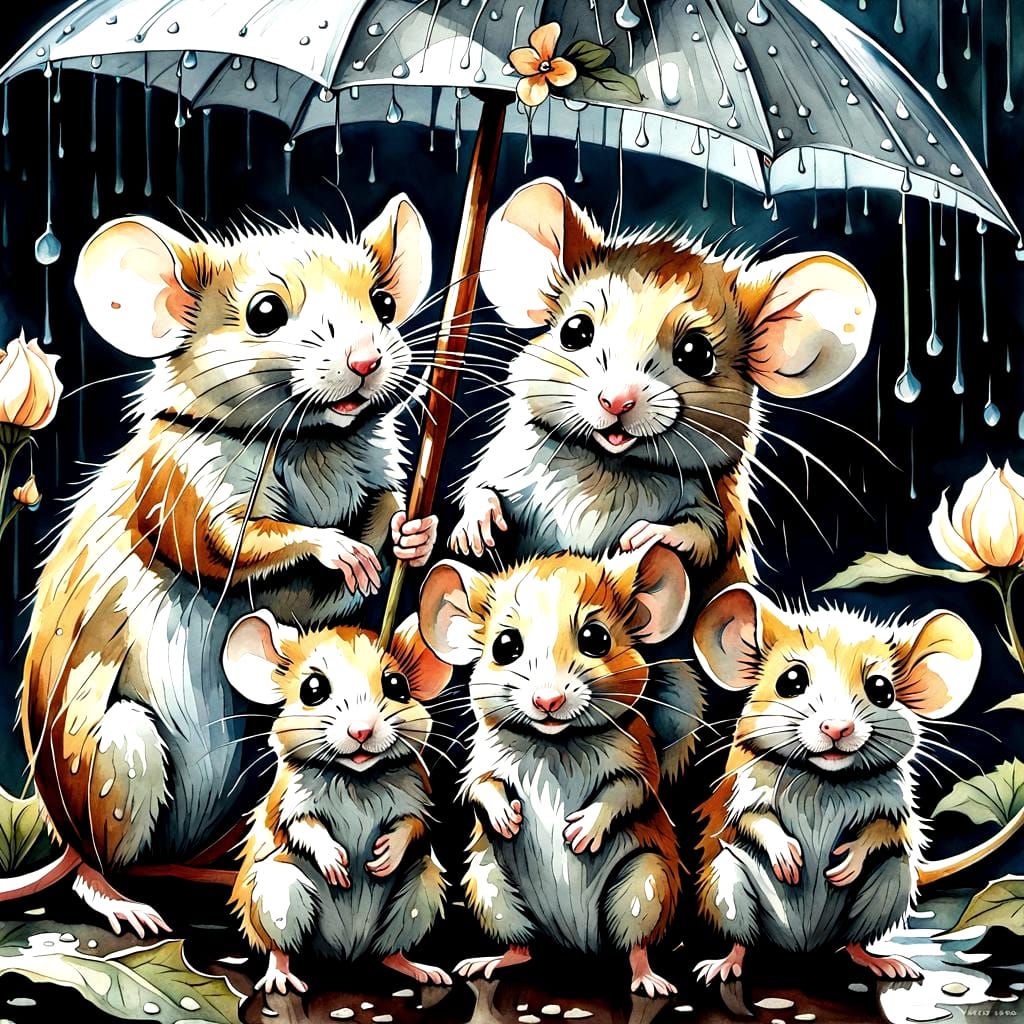 a family of cute little mice gathering in the rain under an umbrella