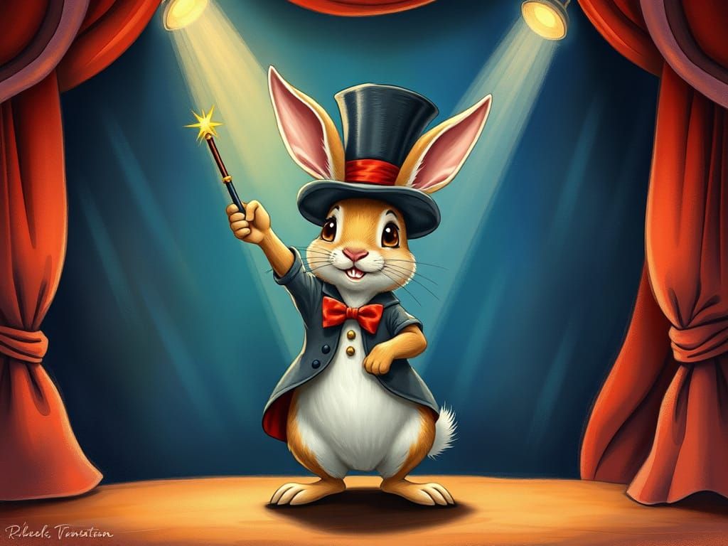 Enchanted Rabbit Magician in Whimsical Stage Setting