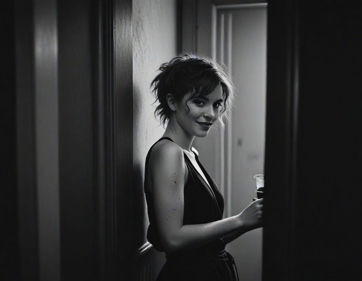 dark arts film noir deep shadows black and white photography full body tiger lily young 30ish ginger hair freckled cross...