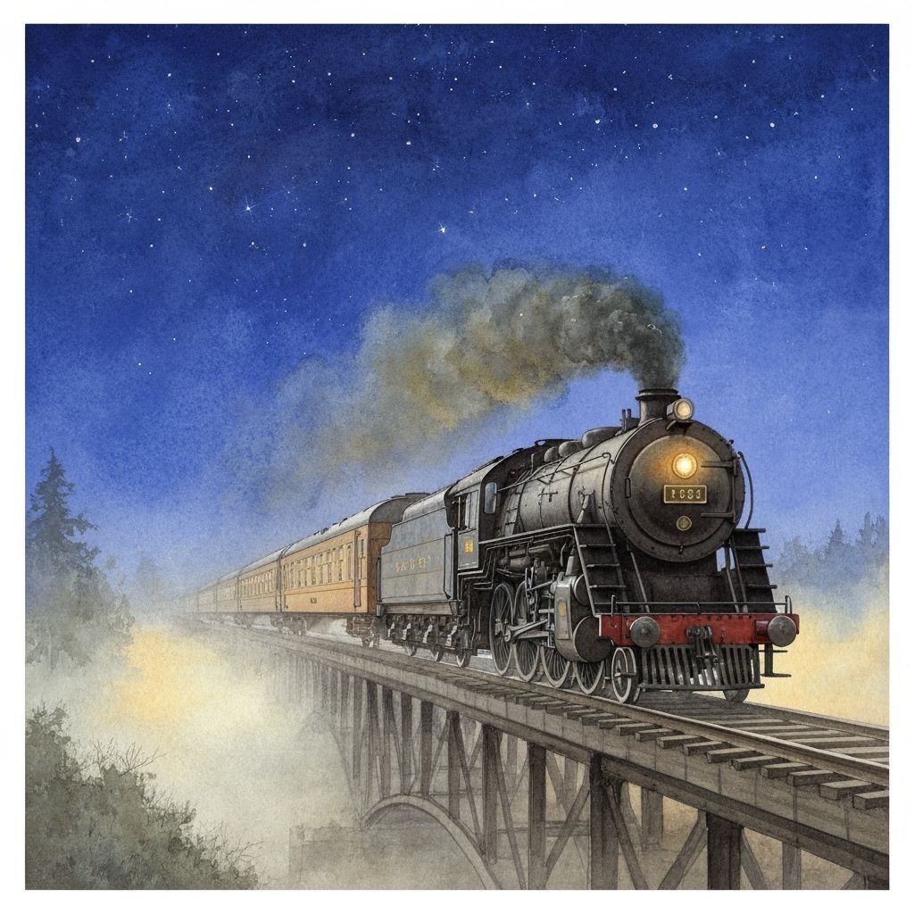 Steam Train at Night in Watercolor Style