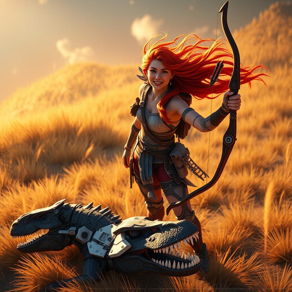 Surreal Aloy Victory in Windy Field, Cyberpunk Dino Hunt