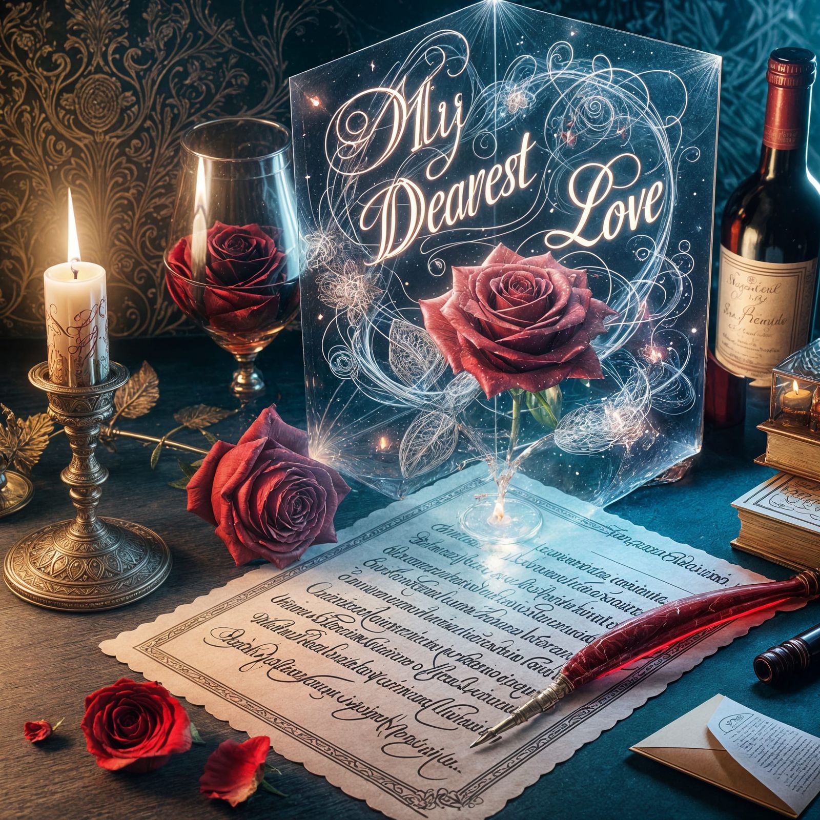 Romantic Scene with Rose, Wine, and Calligraphy