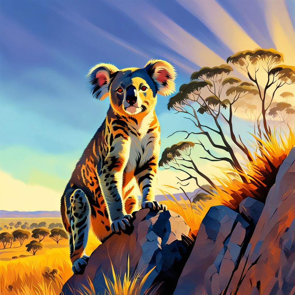 Fierce Fauvist Koala-Cheetah Emerges from Sunset Savannah