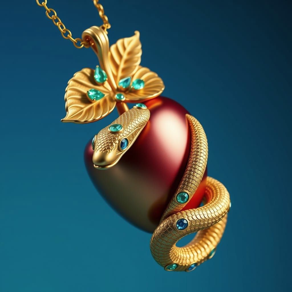Golden Apple Pendant with Emerald Snake in Hyperrealistic St...