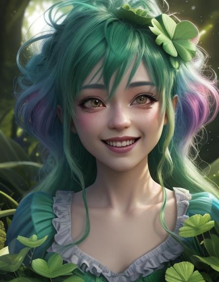 Lucky Green-Haired Child with Forest Creature in 3D