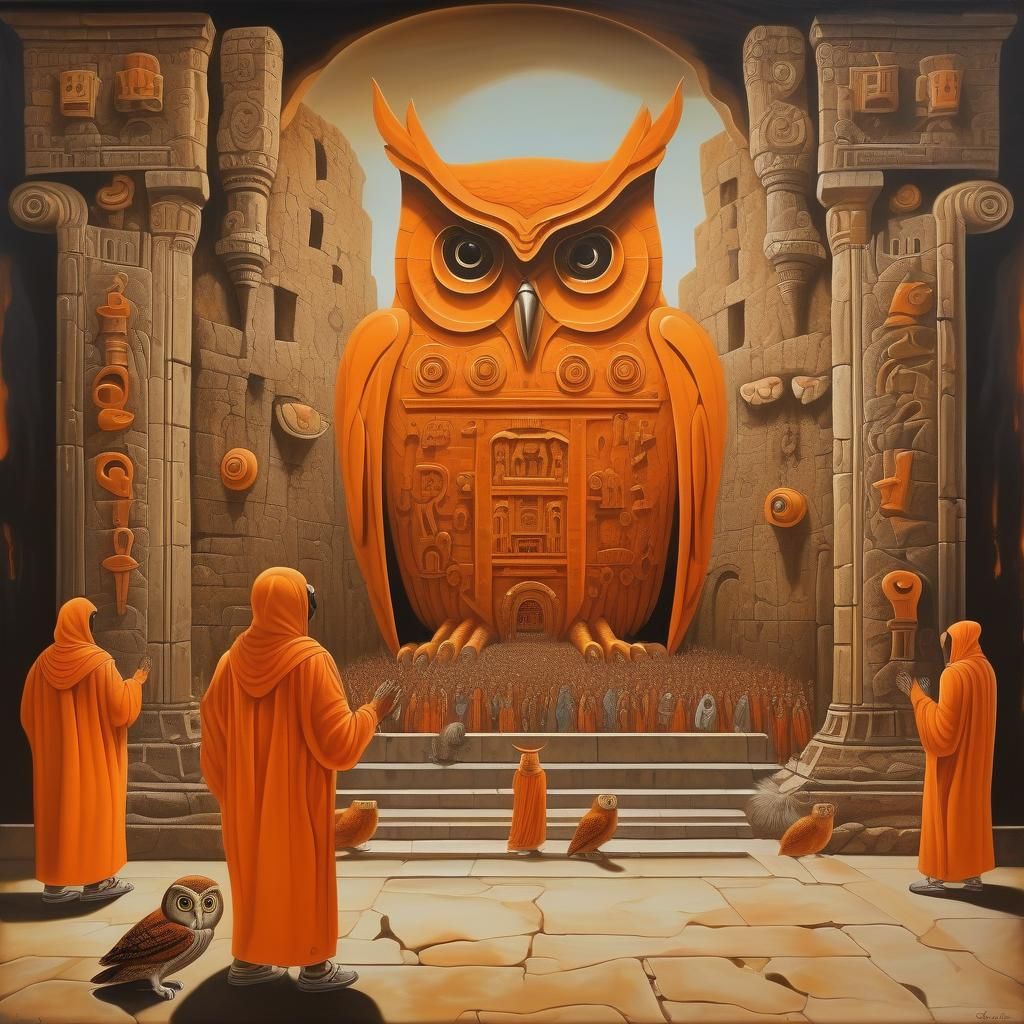 Surreal Owl God in Ancient Temple, Dali Style