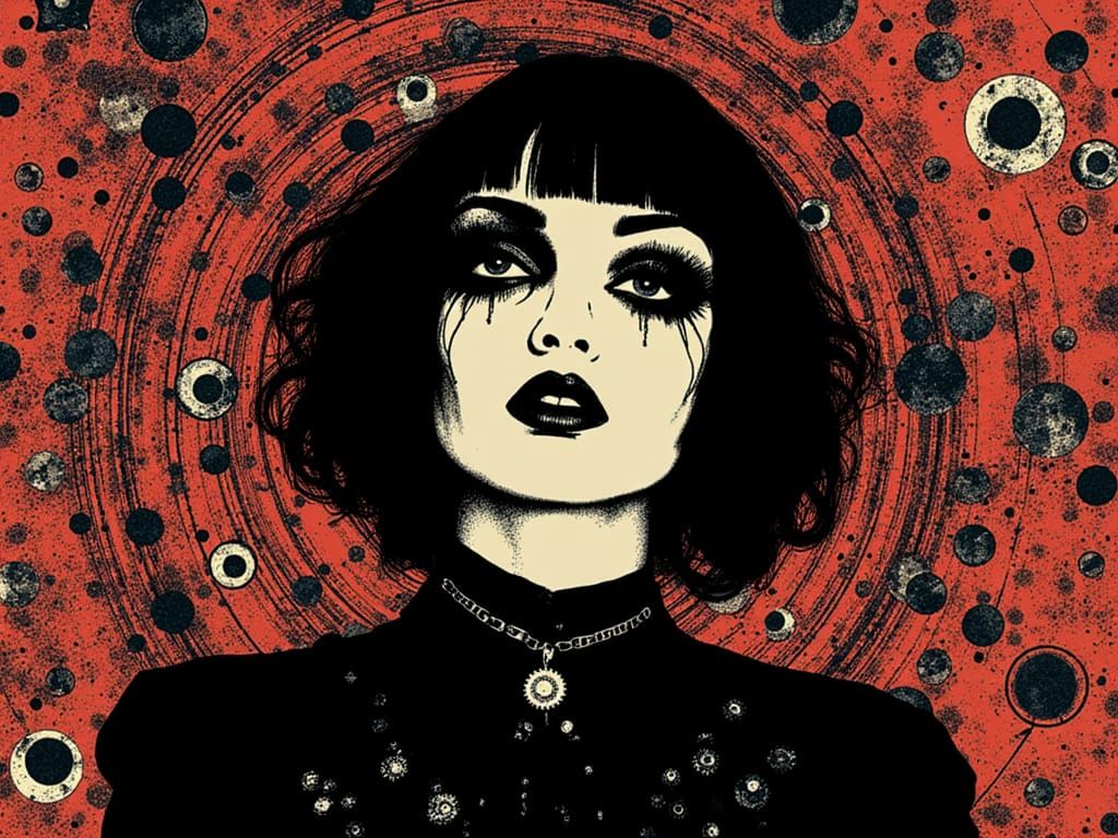 Mid-Century Pop Art Gothcore Figure Embodies Swirling Chaos