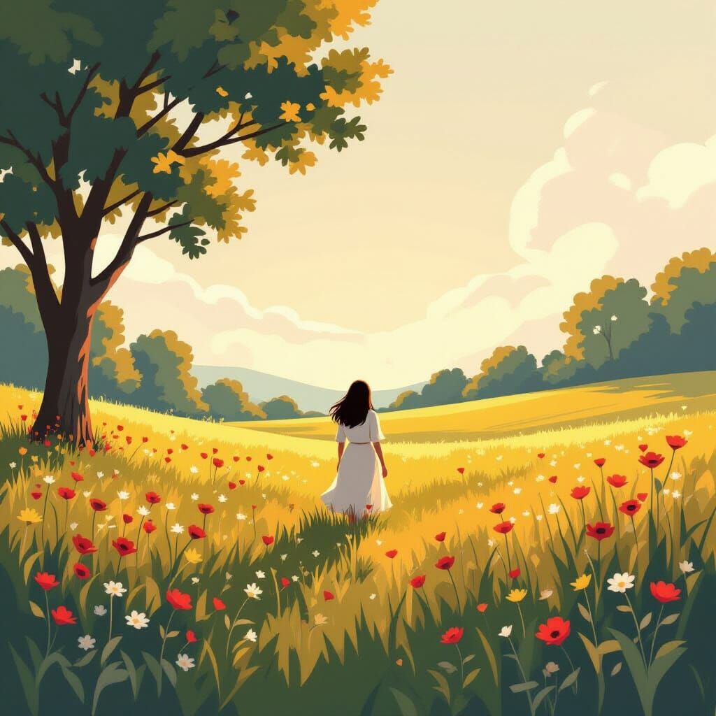 Lone Figure in Serene Landscape: Dreamy Art