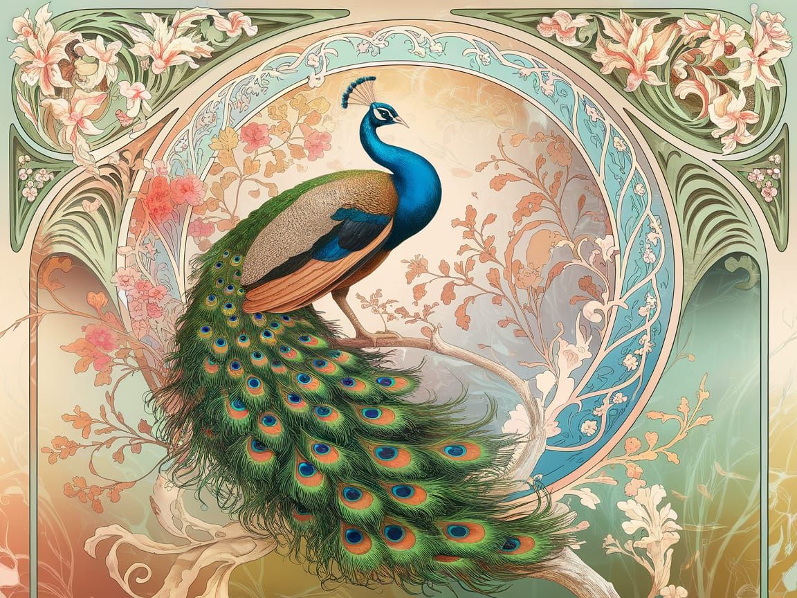 Peacock Illustration in Alphonse Mucha Style