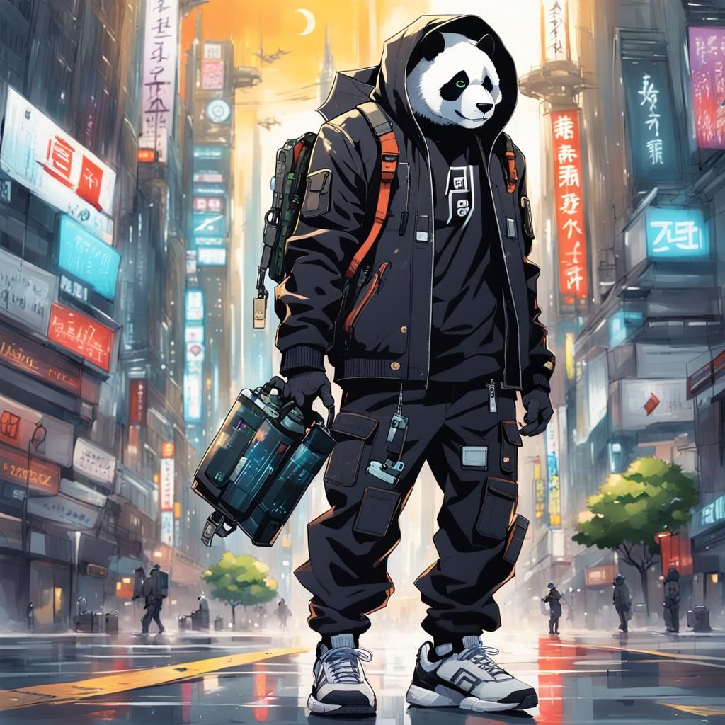 Cyberpunk Panda Graffiti Artist in Futuristic City