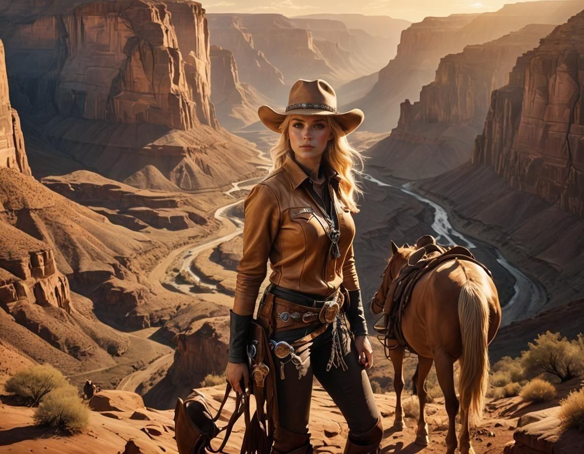 Cowgirl and Horse at Sunset: Steam Art Style