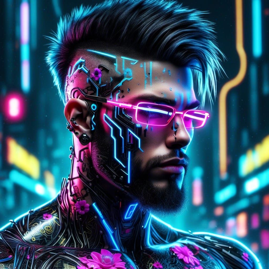 Cyberpunk Man with Shattering Glass and Neon Lights