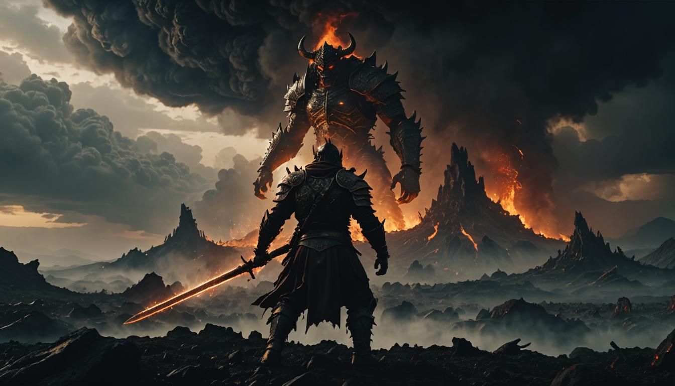 Epic Battle: Warrior Confronts Daemon in Fiery Landscape