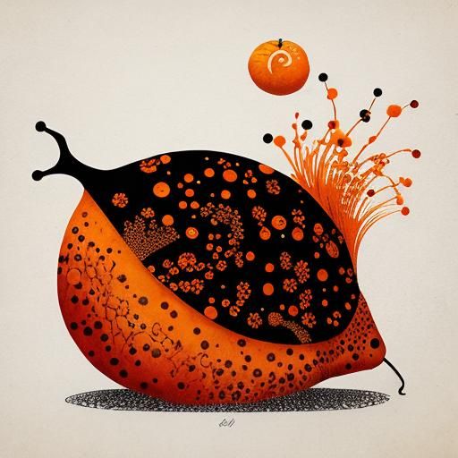 Orange Snail with Oranges in Surrealist Ink Art