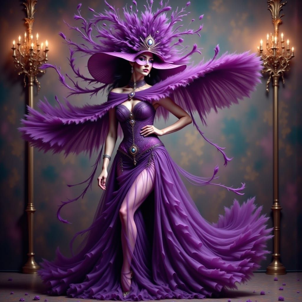 A woman wearing a long purple dress and a fabulous red hat w...