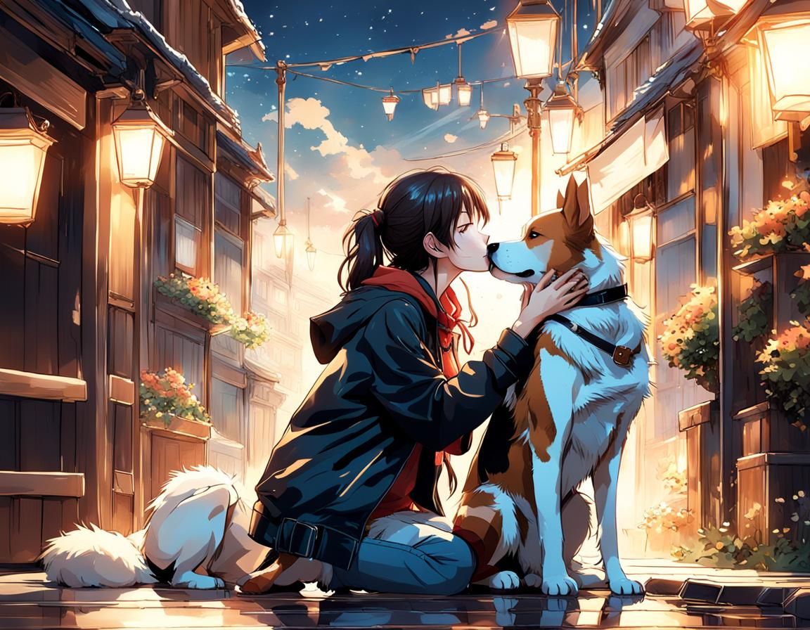 Romantic Manga-Style Kiss Between Woman and Dog
