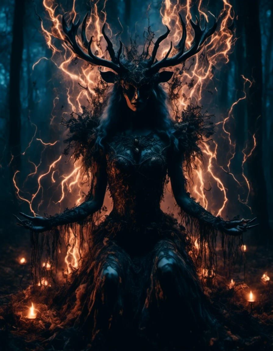 Hyperrealistic Dark Ritual in the Woods at Night