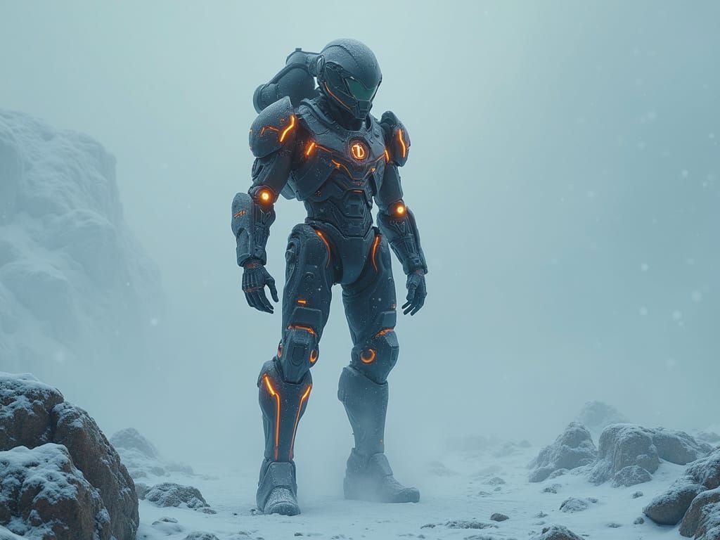 Cybernetic Alien Soldier in Frozen Wasteland
