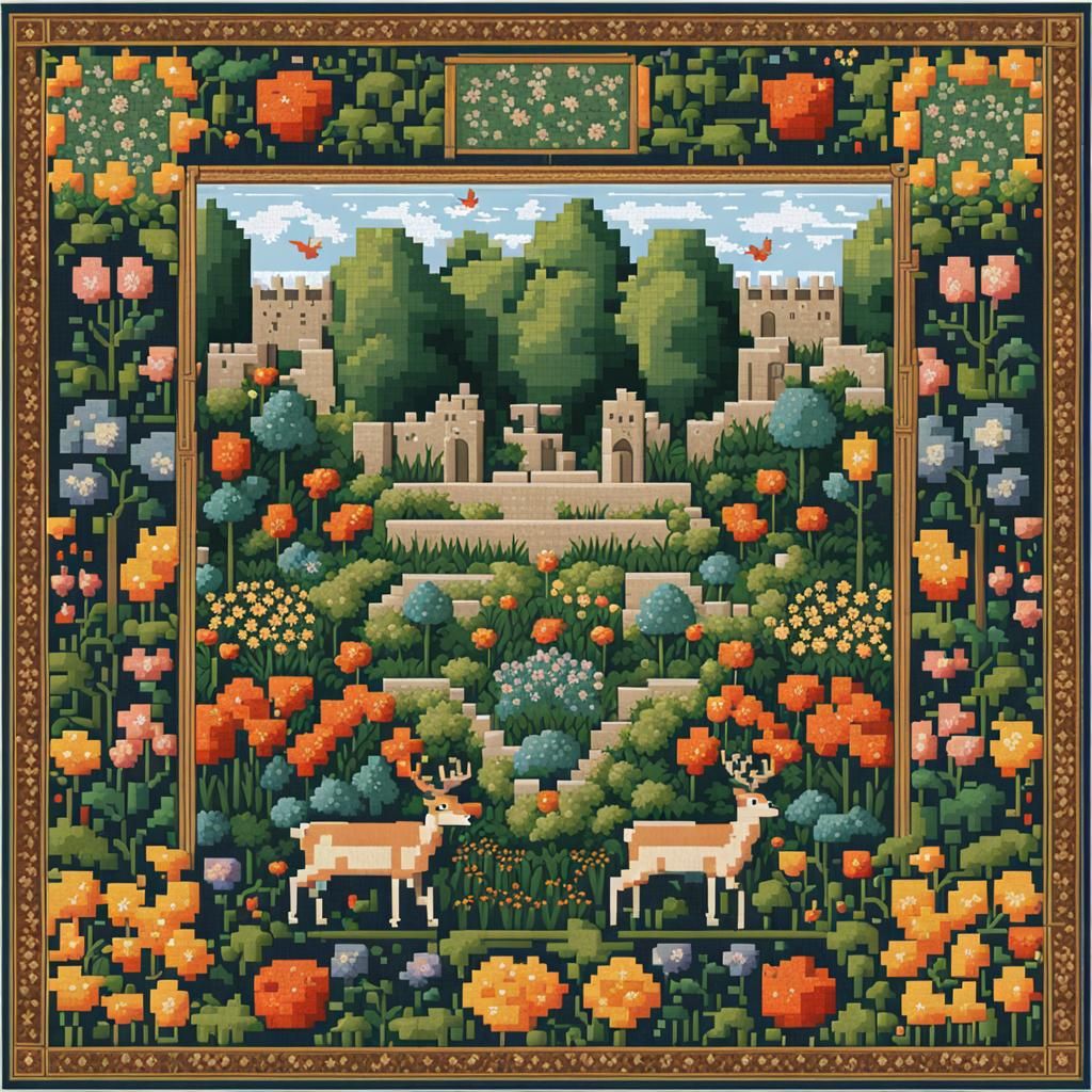 Medieval Garden in Pixel Art Tapestry