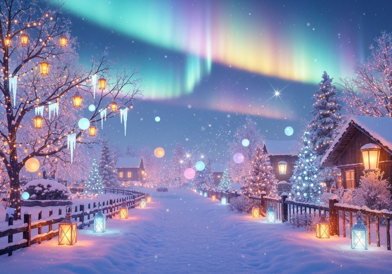 Magical Winter Wonderland with Aurora and Fairy Lights