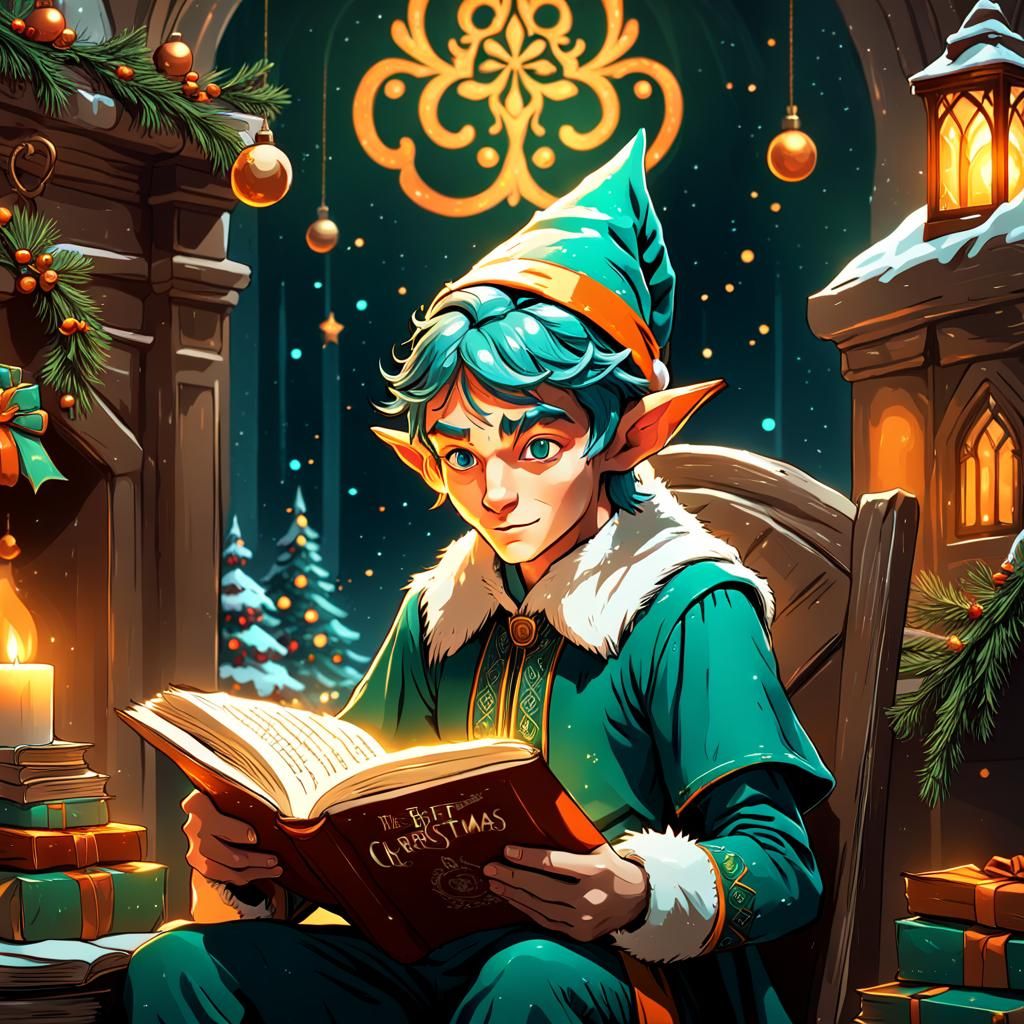 Young Elf Reads Christmas Book, Cartoon Art