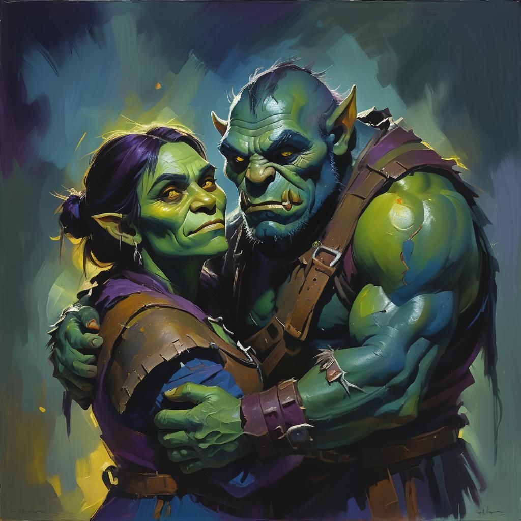 Orc Couple Embrace: Expressionist Dark Fantasy Portrait