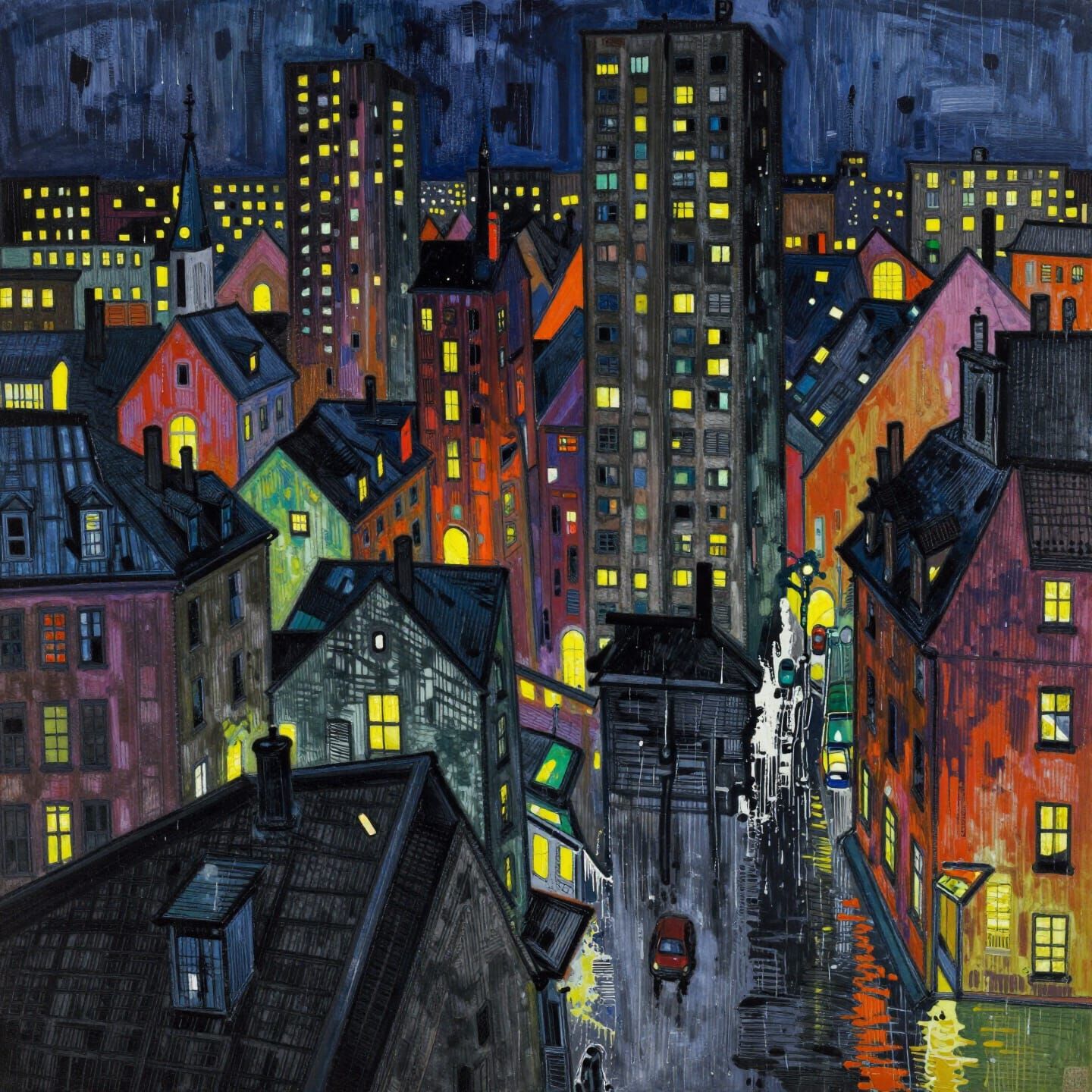 Modern European Ink Painting of a Chaotic Cityscape