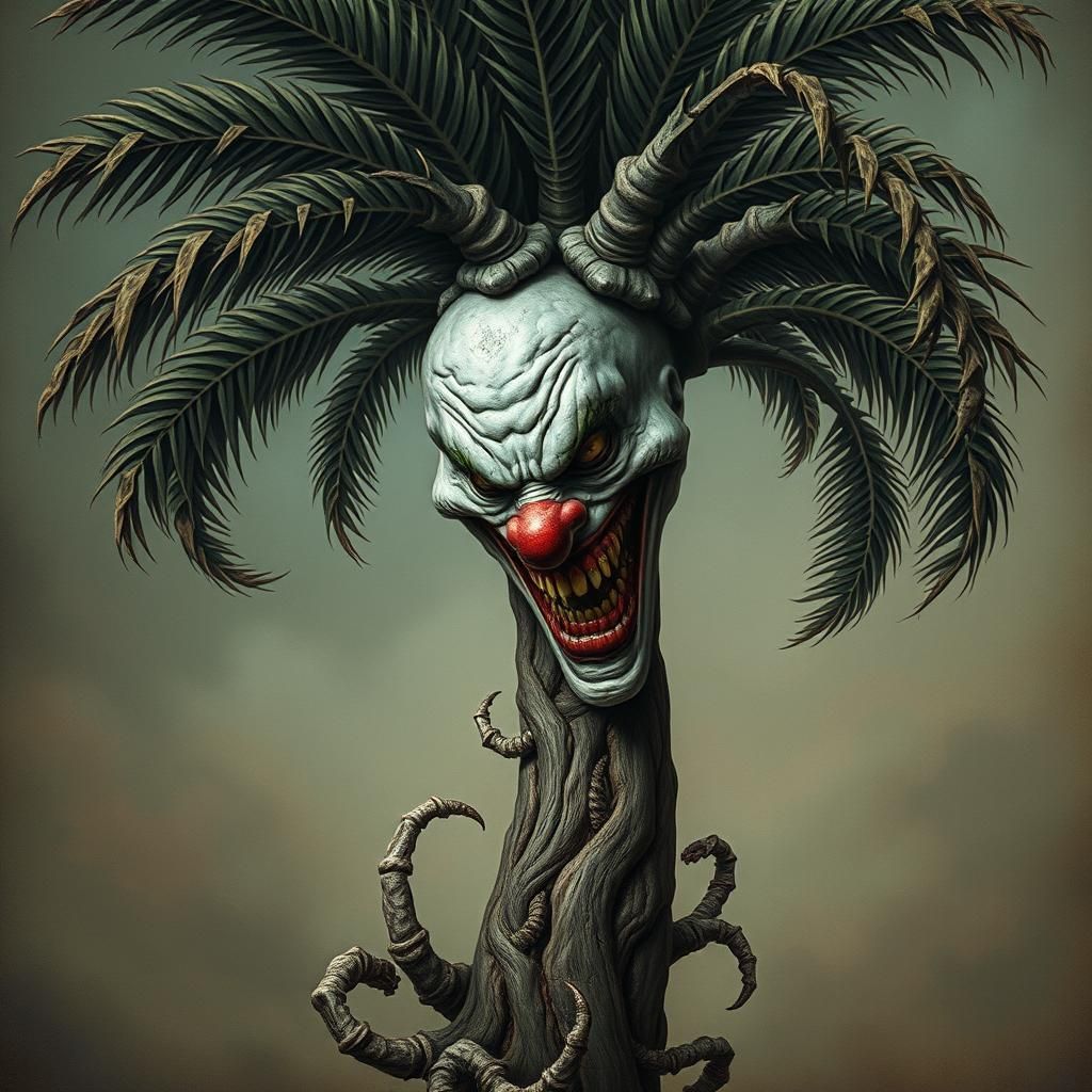 Macabre Clown Palm Tree in Surreal Horror Style