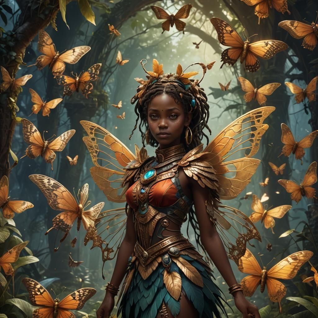 African Fairy Girl with Moth Wings, Detailed Art