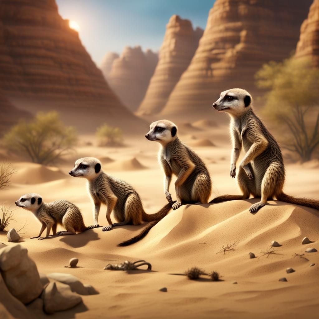 Meerkat Family Foraging in Desert Canyon
