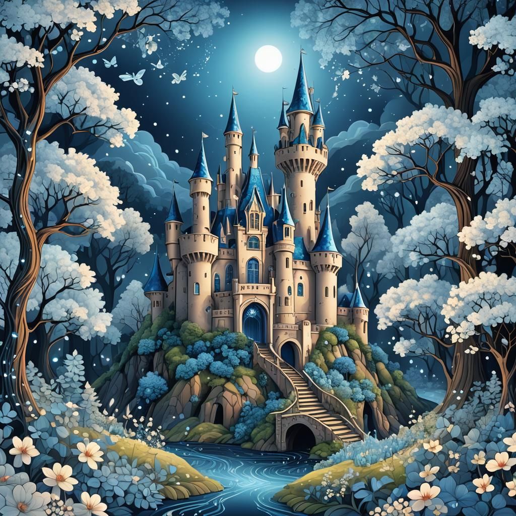 Blue Magical Fairy Tale Castle with Fairy Lights