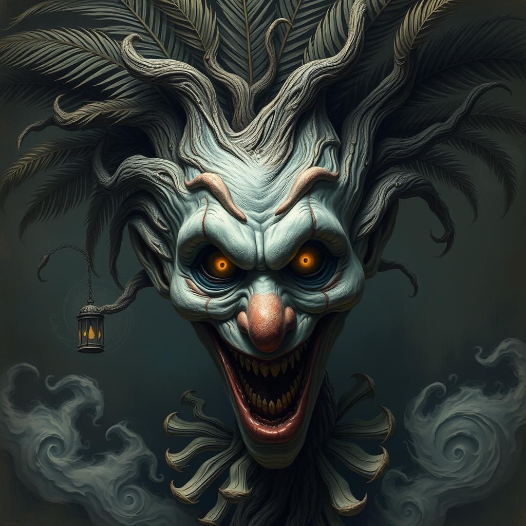 Surreal Clown Palm Tree Fusion in Dreamlike Setting