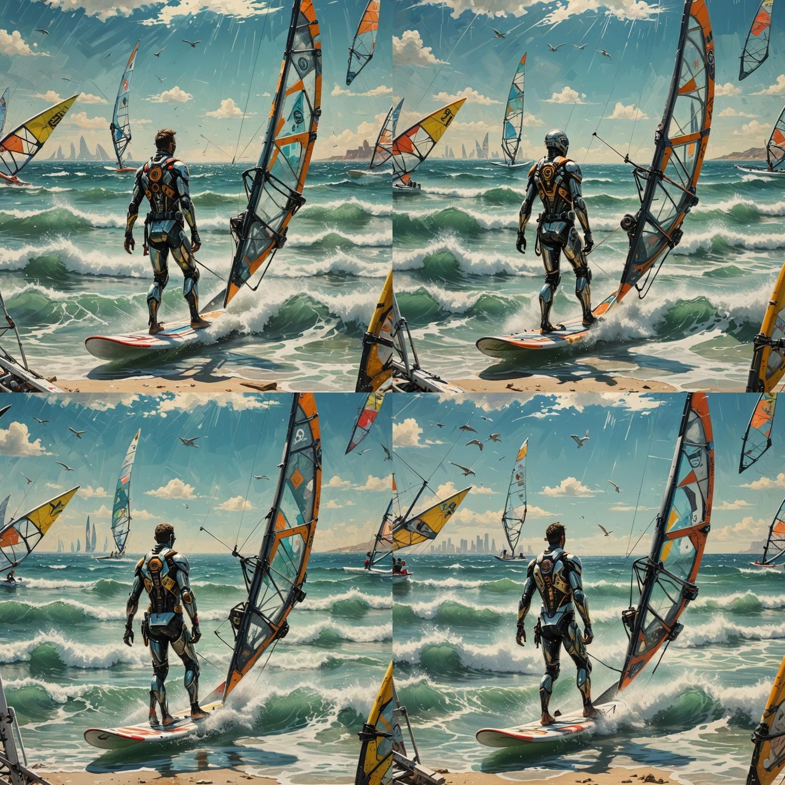 Cyborg Windsurfer on Dystopian Beach in Matrix Style