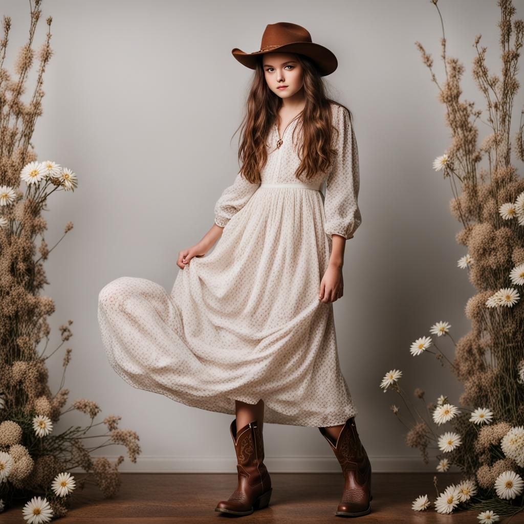 Girl in White Dress and Cowboy Boots