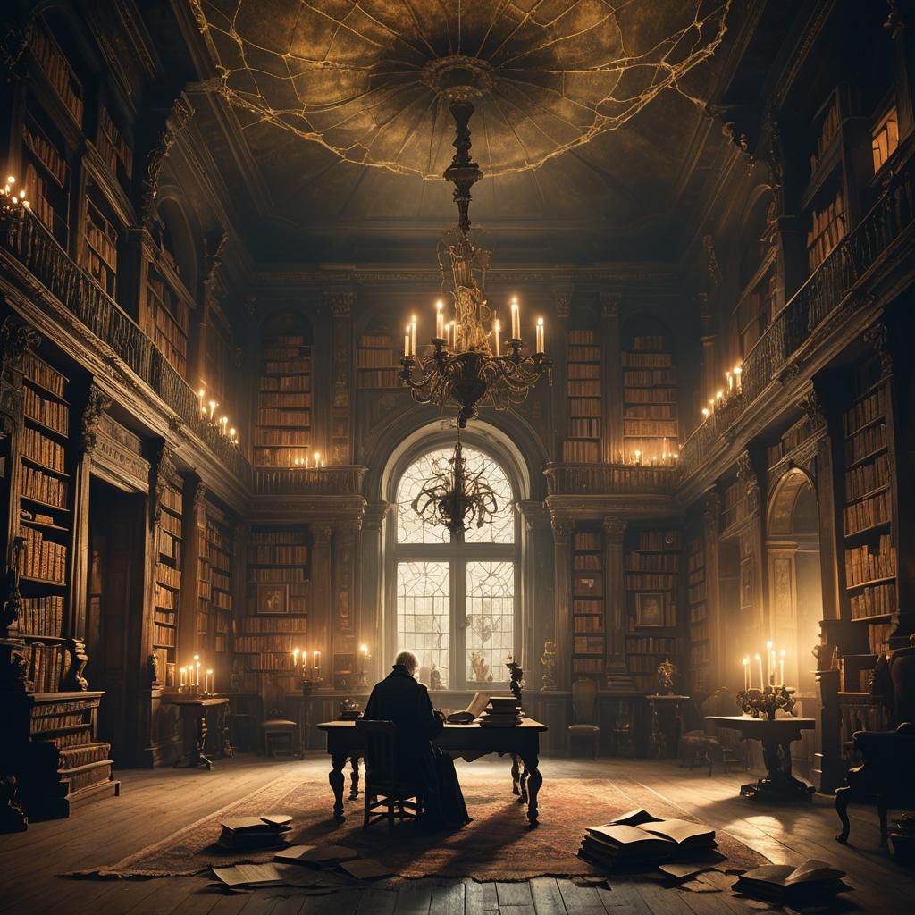 Baroque Library Scene with Rembrandt Lighting