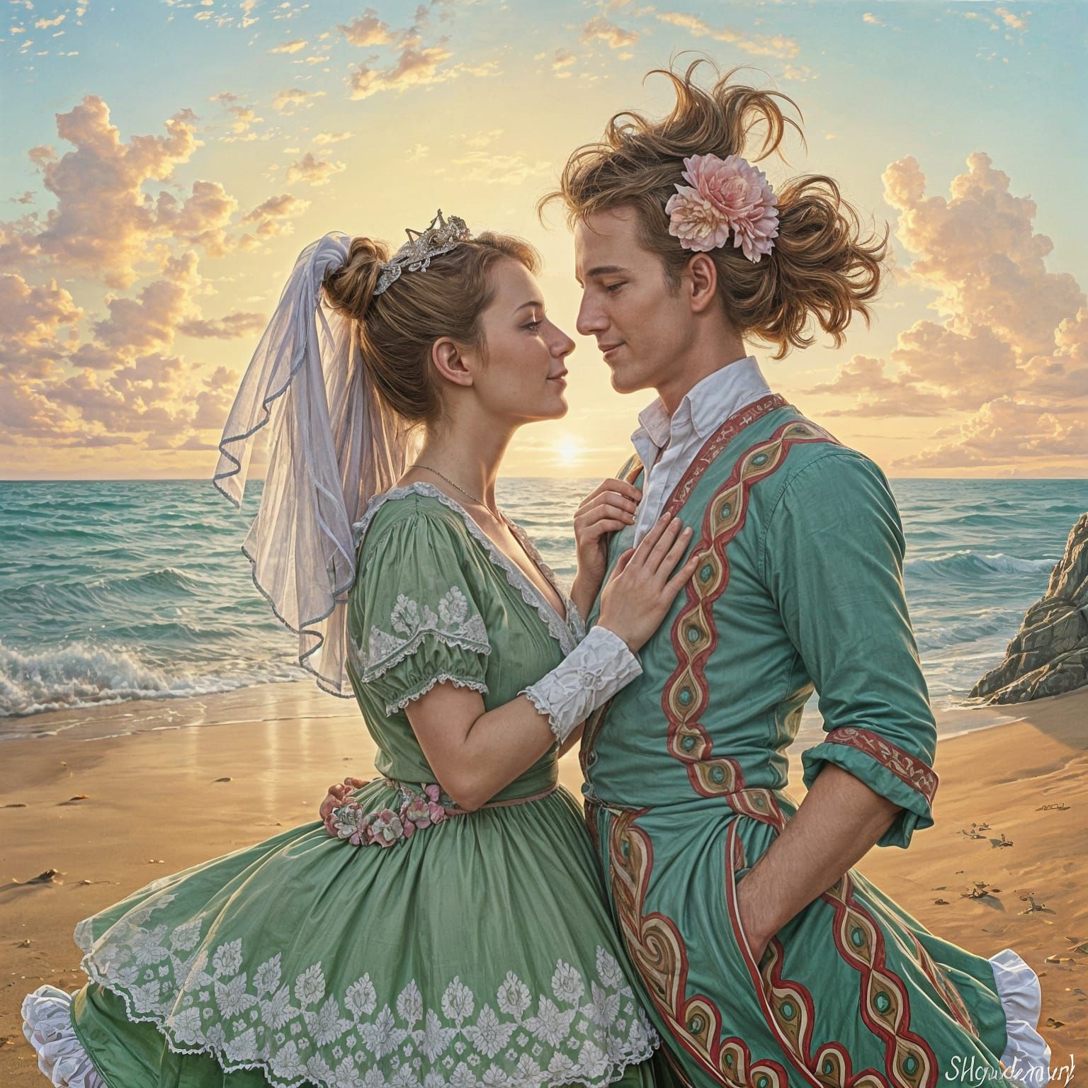 Romantic Beach Sunrise in Vibrant Watercolor Style