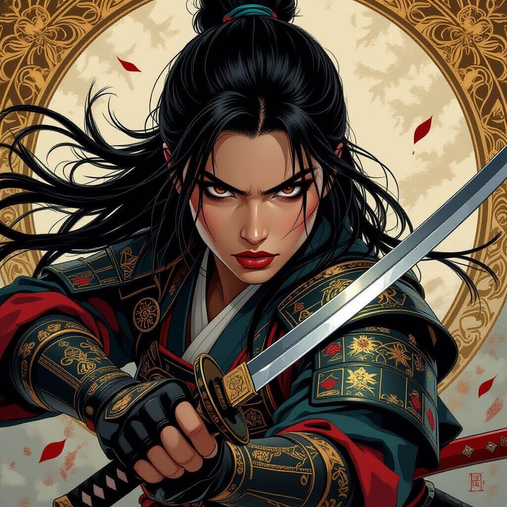 Fierce Samurai Warrior Woman in Dynamic Combat Scene