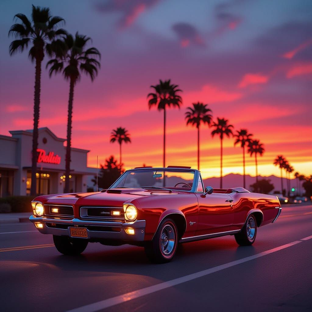Cherry Red 1965 GTO on Sunset Boulevard at Dusk